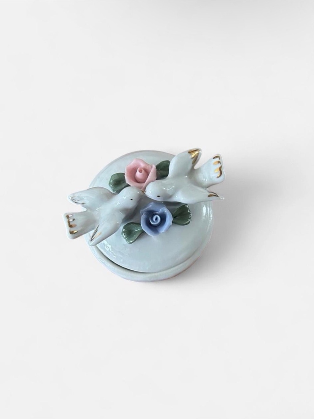 Ceramic Dove Trinket Box with Pink & Blue Roses